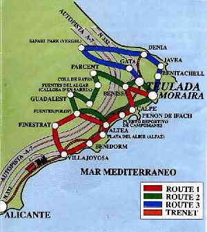 Map showing route from Alicante airport to Moraira via Benidorm